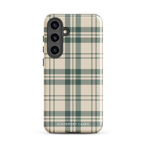 A beige and green plaid-patterned phone case designed to fit a smartphone. The dual-layer design ensures impact-resistant protection while maintaining a snug fit with precise cutouts for the camera and buttons. The brand name "Statement Cases" is subtly printed at the bottom.