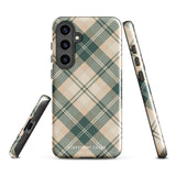 A dual-layer phone case featuring a checked plaid design in shades of green, beige, and white. The pattern consists of intersecting horizontal and vertical lines forming squares and diamonds. This impact-resistant Aristocrats Plaid for Samsung from Statement Cases is shown on a white background.