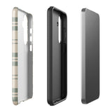 A beige and green plaid-patterned phone case designed to fit a smartphone. The dual-layer design ensures impact-resistant protection while maintaining a snug fit with precise cutouts for the camera and buttons. The brand name "Statement Cases" is subtly printed at the bottom.