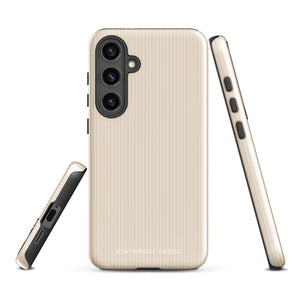 A beige smartphone case with vertical stripes designed for a phone with a triple camera setup. This impact-resistant phone case features precise cutouts for the cameras, buttons, and other essential functions. "Statement Cases" is printed at the bottom of the tough phone case. Product Name: Noble Pinstripe for Samsung