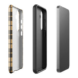 A dual-layer design phone case with a plaid pattern in shades of black, beige, and tan. Its impact-resistant build ensures durability while the camera cutout perfectly fits multiple lenses in the upper left corner. "Rich Espresso Tartan for Samsung" by Statement Cases is printed at the bottom against a white background.