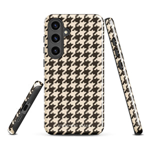 A Statement Cases Timeless Houndstooth for Samsung featuring a black and beige houndstooth pattern. The camera cutout at the top rear is designed for a triple-lens camera. With its dual-layer design and slim profile, this impact-resistant case also boasts a glossy finish.