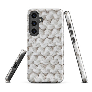 A Chunky Comfort for Samsung with a realistic knitted texture featuring white interwoven yarns. The impact-resistant case has multiple camera cutouts and a shock-absorbing dual-layer design. The brand name "Statement Cases" is printed at the bottom.