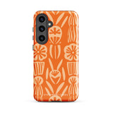 This stylish smartphone accessory, the Savannah Ardiente for Samsung by Statement Cases, features a shock-absorbing, colorful patterned case adorned with abstract flower designs in beige on an orange background. This impact-resistant phone case wraps around the back of your device, providing robust protection for its multiple camera lenses in the corner.