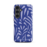 The Mariposa Azul for Samsung smartphone case from Statement Cases is adorned with an impact-resistant design featuring light purple abstract shapes on a blue background. This dual-layer case proudly displays the text "STATEMENT CASES" at the bottom, ensuring that the camera lenses and buttons of your phone remain clearly visible.