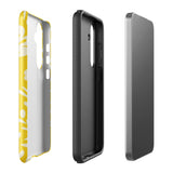 The Sol Dorado for Samsung by Statement Cases is a durable phone case featuring a bright yellow background adorned with an abstract white floral pattern, showcasing various flowers and leaves. Near the bottom edge, the text "STATEMENT CASE" highlights its dual-layer design for enhanced durability.