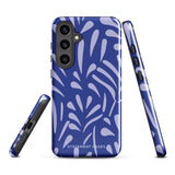 The Mariposa Azul for Samsung smartphone case from Statement Cases is adorned with an impact-resistant design featuring light purple abstract shapes on a blue background. This dual-layer case proudly displays the text "STATEMENT CASES" at the bottom, ensuring that the camera lenses and buttons of your phone remain clearly visible.