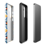 The Mediterranean Bloom for Samsung by Statement Cases features intricate, colorful floral patterns in blue, orange, and yellow. The design covers the entire back of the case, surrounding the camera cutout. Shock-absorbing and impact-resistant, it ensures protection while the brand "Statement Cases" is subtly printed near the bottom.