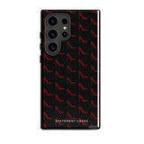 The Saucy Stillettos for Samsung features a case with a repeating red high heel pattern on a black background. The brand name "Statement Cases" is printed in white at the bottom of the tough phone case. The phone's multiple camera lenses are visible in the upper left corner, ensuring style meets durability.