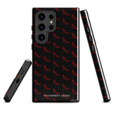 The Saucy Stillettos for Samsung features a case with a repeating red high heel pattern on a black background. The brand name "Statement Cases" is printed in white at the bottom of the tough phone case. The phone's multiple camera lenses are visible in the upper left corner, ensuring style meets durability.