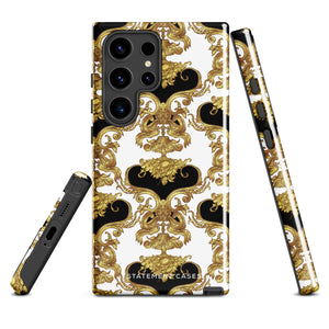 A phone case with an ornate Baroque-style design, featuring an intricate pattern of gold and black swirls and vines on a white background. This dual-layer design is not only impact-resistant but also stylish. The camera cutout is large and accommodates multiple lenses, with "Rebellious Spirit for Samsung" displayed at the bottom.