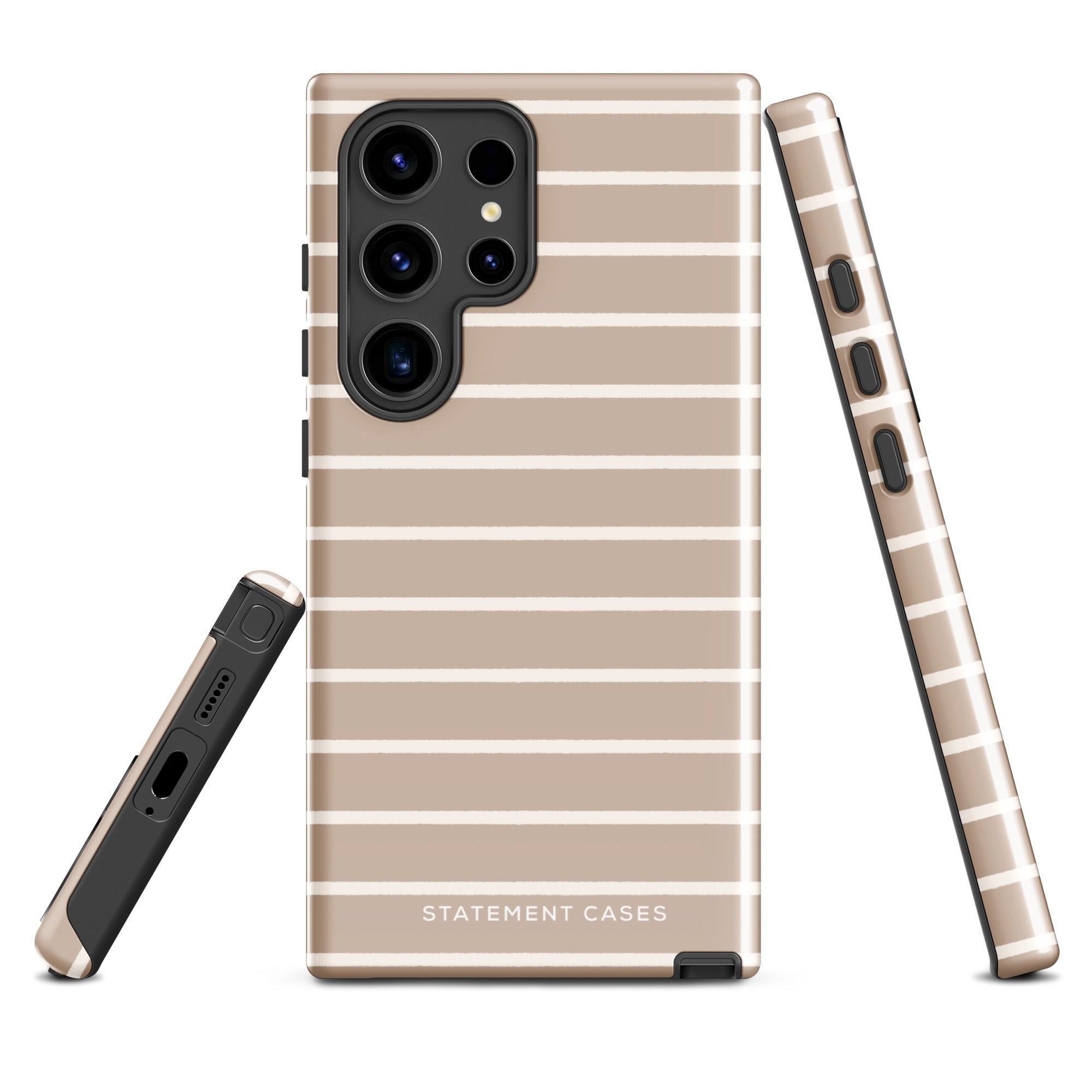 Three perspectives of a beige phone case with white horizontal stripes. Shown from the back, side, and bottom angles, this impact-resistant "Au Naturale for Samsung" case by Statement Cases features the text "Statement Cases" at the bottom. Its dual-layer design ensures shock-absorbing protection with cutouts for the camera, buttons, and port.