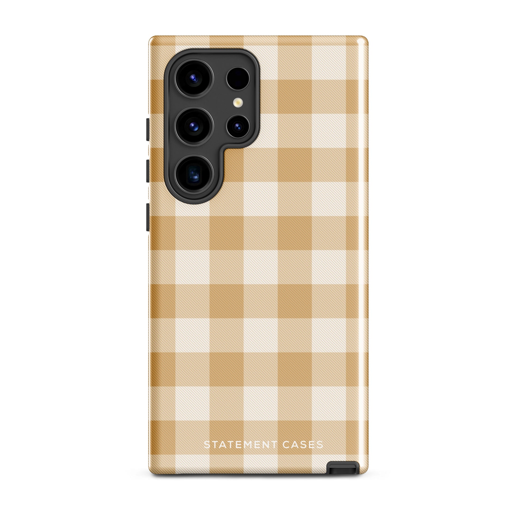 A beige and white checkered phone case is shown. Designed to fit a smartphone with a horizontal dual-camera setup, it features "STATEMENT CASES" printed at the bottom. This impact-resistant phone case offers both style and protection.Product Name: Gingham Grace for Samsung Brand Name: Statement Cases