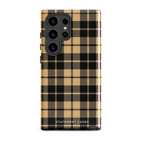 A dual-layer design phone case with a plaid pattern in shades of black, beige, and tan. Its impact-resistant build ensures durability while the camera cutout perfectly fits multiple lenses in the upper left corner. "Rich Espresso Tartan for Samsung" by Statement Cases is printed at the bottom against a white background.