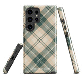 A dual-layer phone case featuring a checked plaid design in shades of green, beige, and white. The pattern consists of intersecting horizontal and vertical lines forming squares and diamonds. This impact-resistant Aristocrats Plaid for Samsung from Statement Cases is shown on a white background.