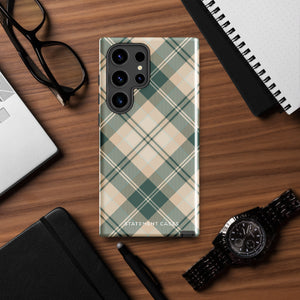 A dual-layer phone case featuring a checked plaid design in shades of green, beige, and white. The pattern consists of intersecting horizontal and vertical lines forming squares and diamonds. This impact-resistant Aristocrats Plaid for Samsung from Statement Cases is shown on a white background.