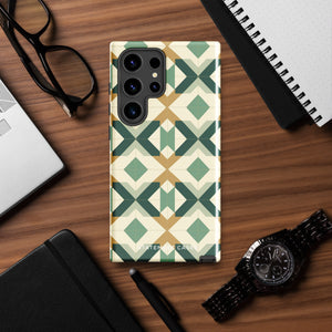 A smartphone with a dual-layer design case featuring a mix of green, beige, and tan shapes. The Old World Mosaic for Samsung has a "Statement Cases" logo at the bottom and is impact-resistant, ensuring your phone with its quad-camera setup stays protected.