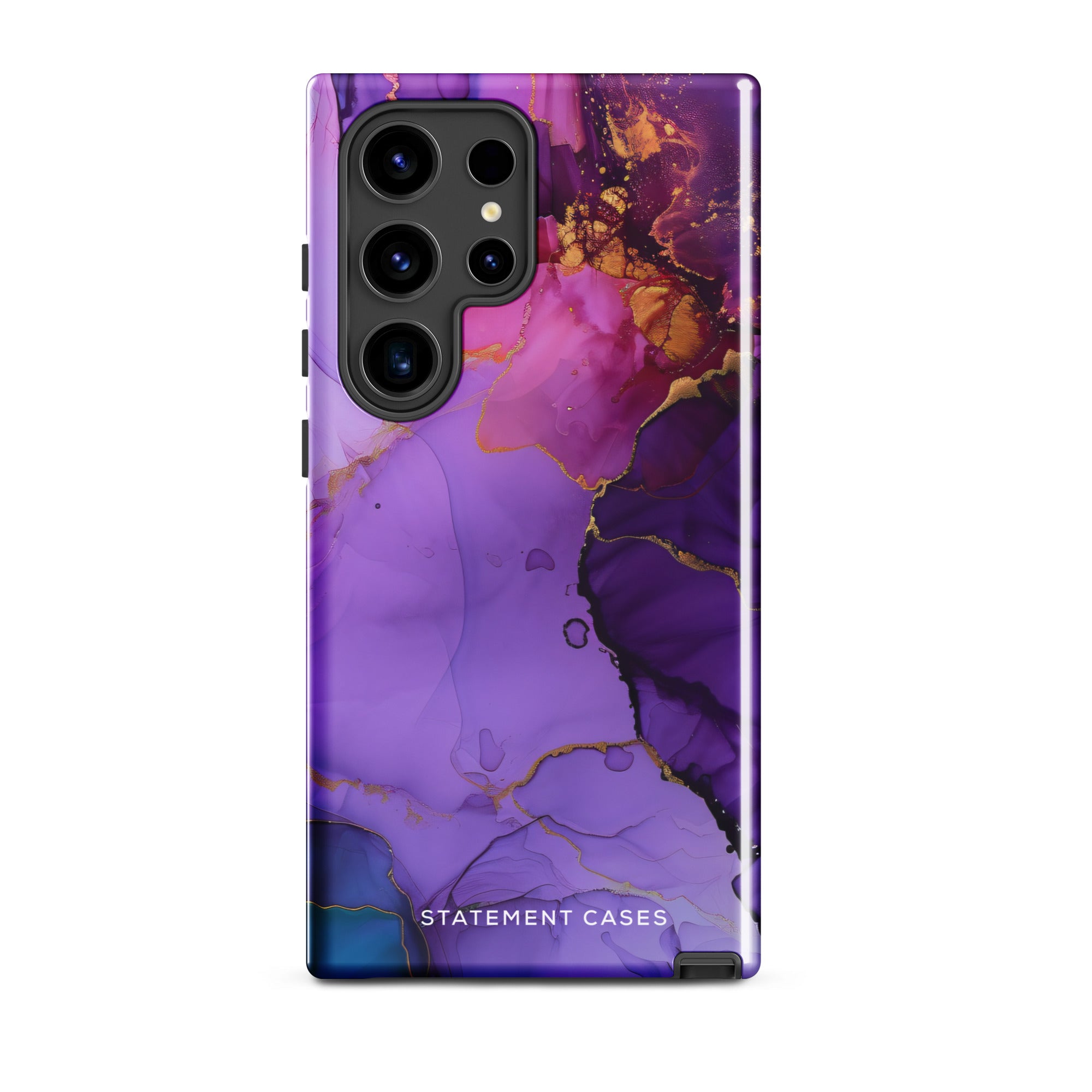 The Golden Orchid Marble for Samsung by Statement Cases is a smartphone adorned with a vibrant, abstract phone case showcasing a mix of purple, pink, and gold colors. Crafted from impact-resistant materials, it features a camera module with four lenses and a flash. At the bottom of the shock-absorbing phone case, you’ll find the text "STATEMENT CASES" in white.