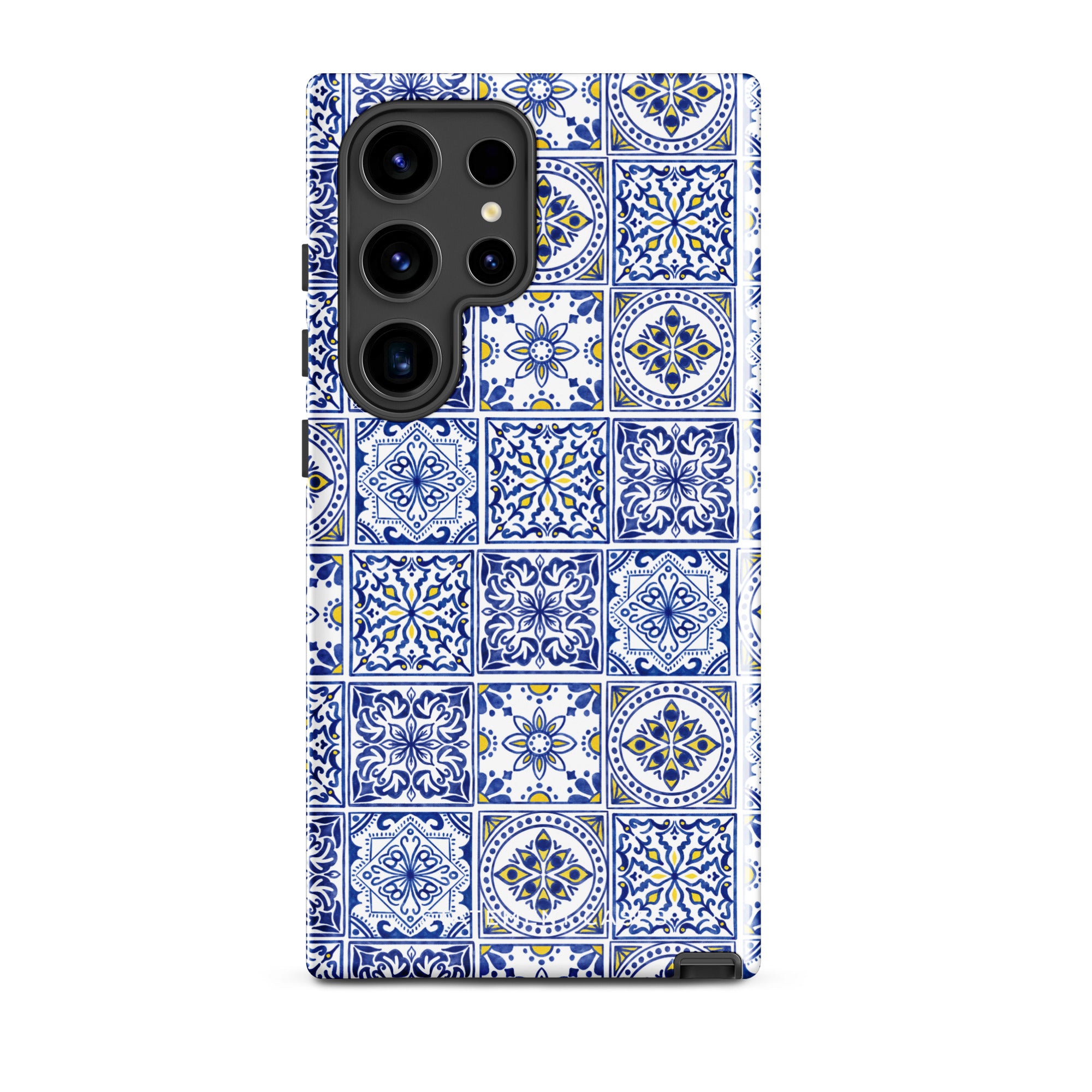 Introducing the Lisboa Azul for Samsung by Statement Cases: A smartphone case adorned with a beautiful blue and white tile pattern. This dual-layer design showcases intricate floral and geometric motifs arranged in a grid that mirrors traditional ceramic tiles. It also features an impact-resistant camera cutout to accommodate multiple lenses seamlessly.