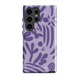 Introducing the Luna Morada for Samsung, a striking smartphone case from Statement Cases. This decorative purple cover boasts abstract floral and organic patterns in darker hues and is designed to absorb shocks. The impact-resistant case features a camera cutout that accommodates five lenses, with the brand name "STATEMENT CASES" elegantly printed at the bottom center.